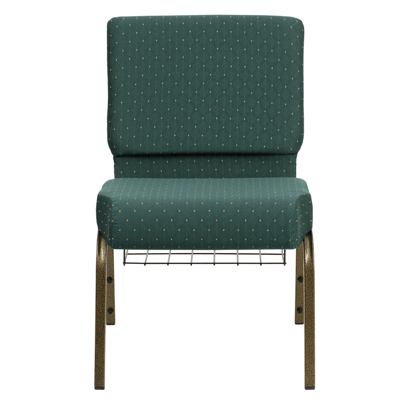 Murie 21''W Church Chair, Hunter Green Dot Patterned Fabric w/Book Rack - Gold Vein Frame iHome Studio