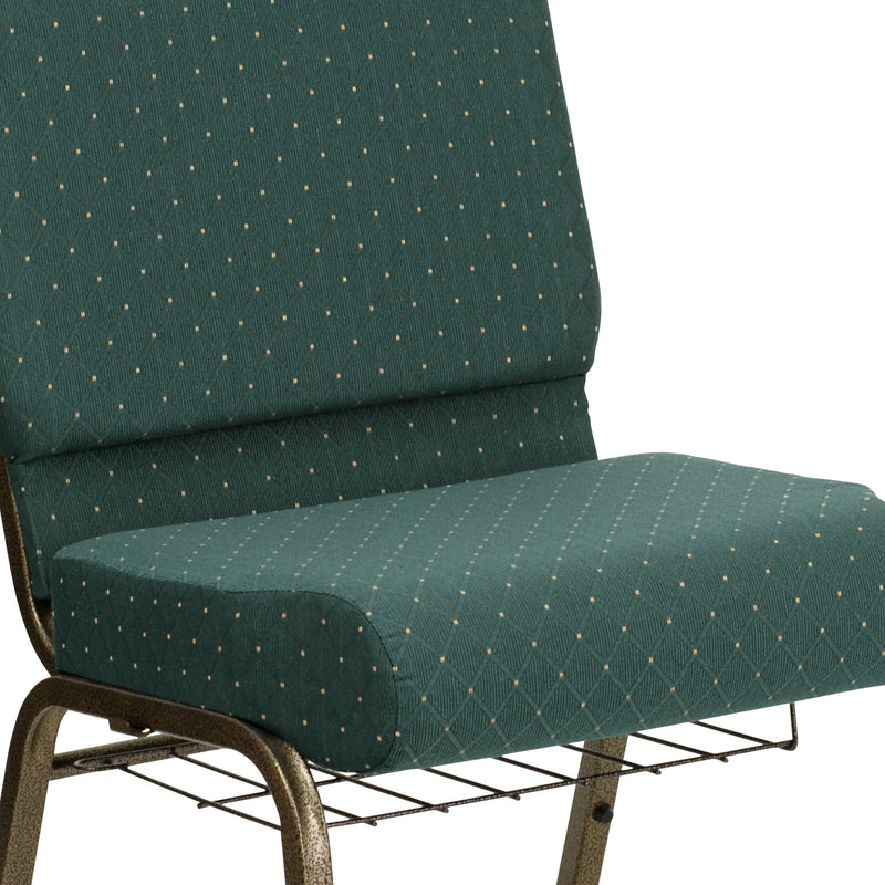 Murie 21''W Church Chair, Hunter Green Dot Patterned Fabric w/Book Rack - Gold Vein Frame iHome Studio