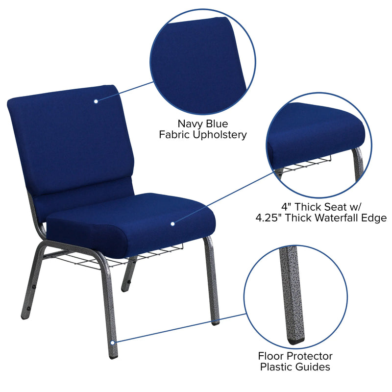 Murie 21''W Church Chair, Navy Blue Fabric w/Book Rack - Silver Vein Frame iHome Studio