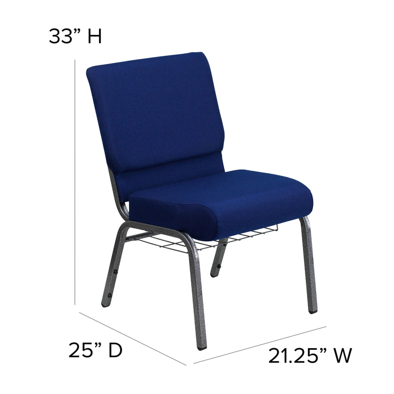 Murie 21''W Church Chair, Navy Blue Fabric w/Book Rack - Silver Vein Frame iHome Studio