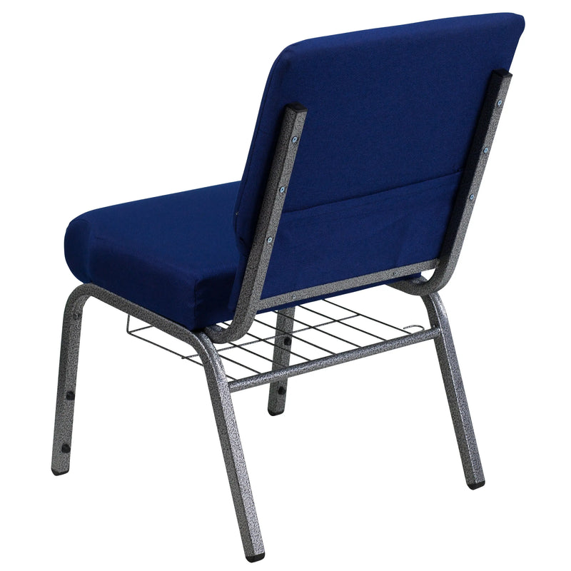 Murie 21''W Church Chair, Navy Blue Fabric w/Book Rack - Silver Vein Frame iHome Studio