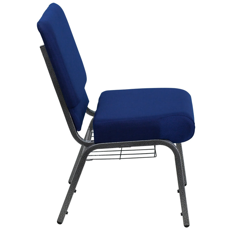 Murie 21''W Church Chair, Navy Blue Fabric w/Book Rack - Silver Vein Frame iHome Studio