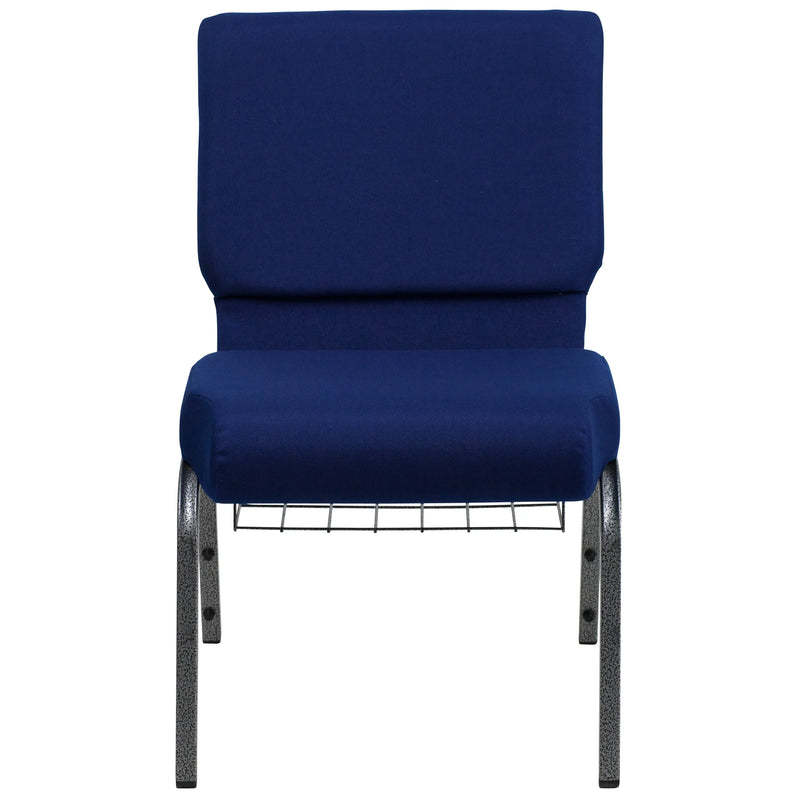 Murie 21''W Church Chair, Navy Blue Fabric w/Book Rack - Silver Vein Frame iHome Studio