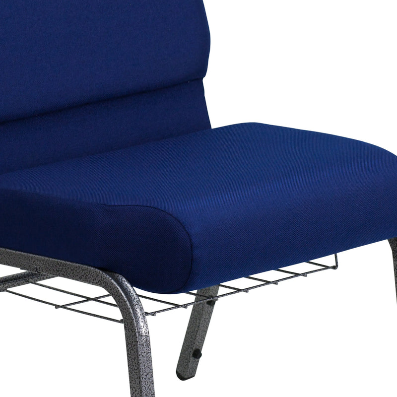 Murie 21''W Church Chair, Navy Blue Fabric w/Book Rack - Silver Vein Frame iHome Studio