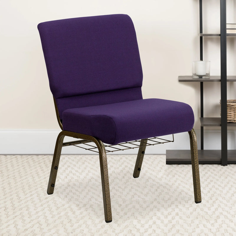 Murie 21''W Church Chair, Royal Purple Fabric w/Book Rack - Gold Vein Frame iHome Studio