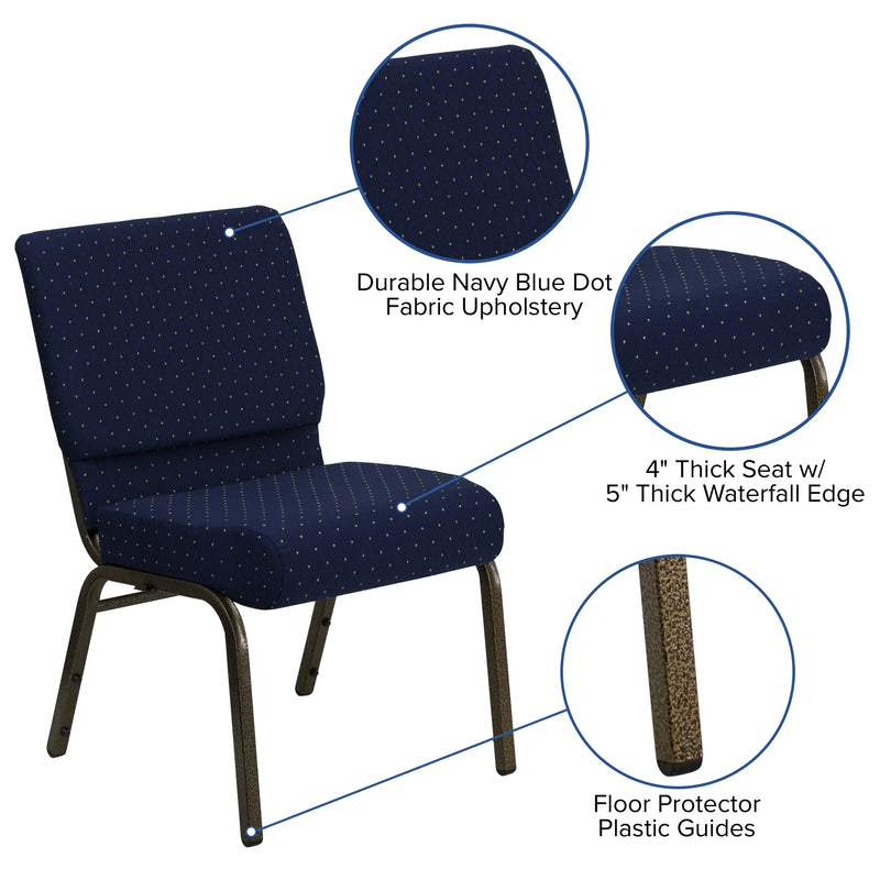 Murie 21''W Stacking Church Chair, Navy Blue Dot Patterned Fabric - Gold Vein Frame iHome Studio