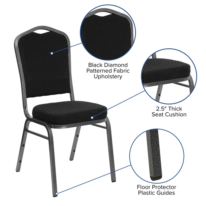 Murie Crown Back Stacking Banquet Chair, Black Dot Patterned Fabric - Silver Vein Frame iHome Studio