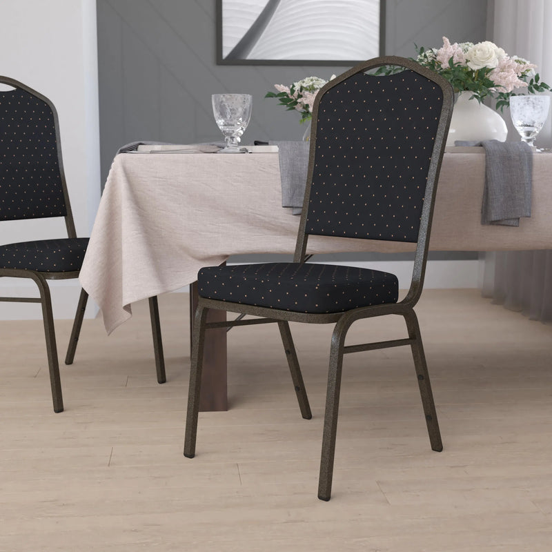 Murie Crown Back Stacking Banquet Chair, Black Patterned Fabric - Gold Vein Frame iHome Studio