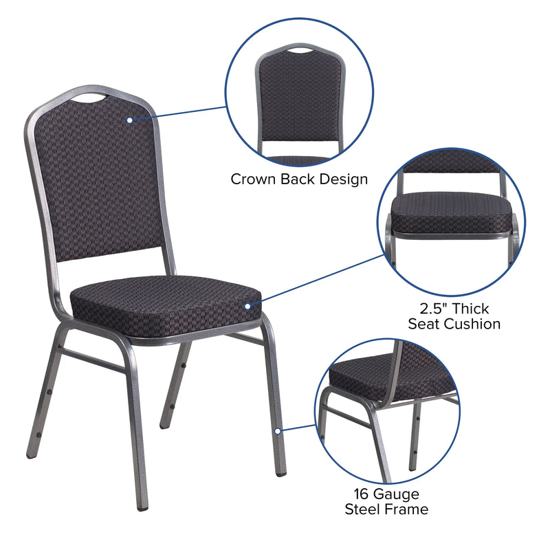 Murie Crown Back Stacking Banquet Chair, Black Patterned Fabric - Silver Vein Frame iHome Studio