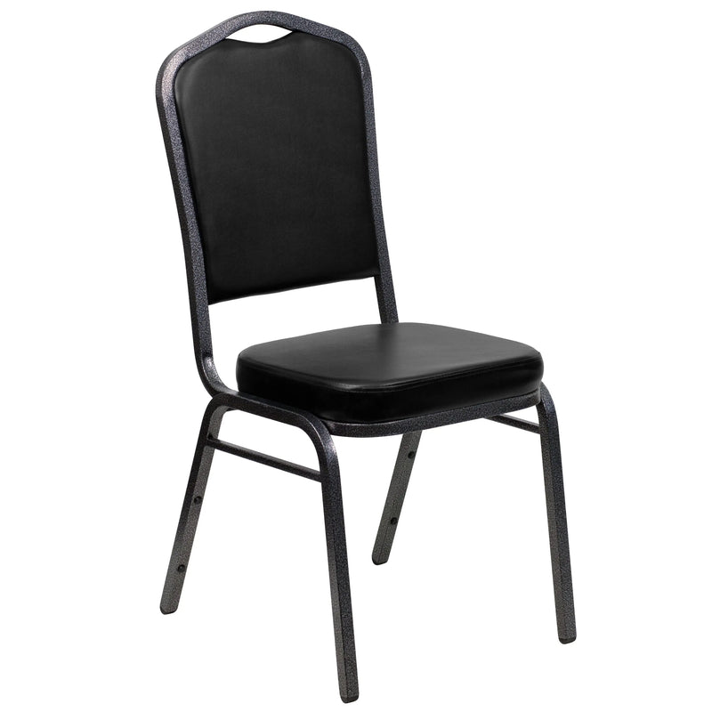 Murie Crown Back Stacking Banquet Chair, Black Vinyl - Silver Vein Frame iHome Studio