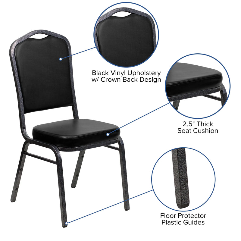 Murie Crown Back Stacking Banquet Chair, Black Vinyl - Silver Vein Frame iHome Studio