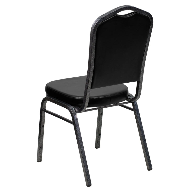 Murie Crown Back Stacking Banquet Chair, Black Vinyl - Silver Vein Frame iHome Studio