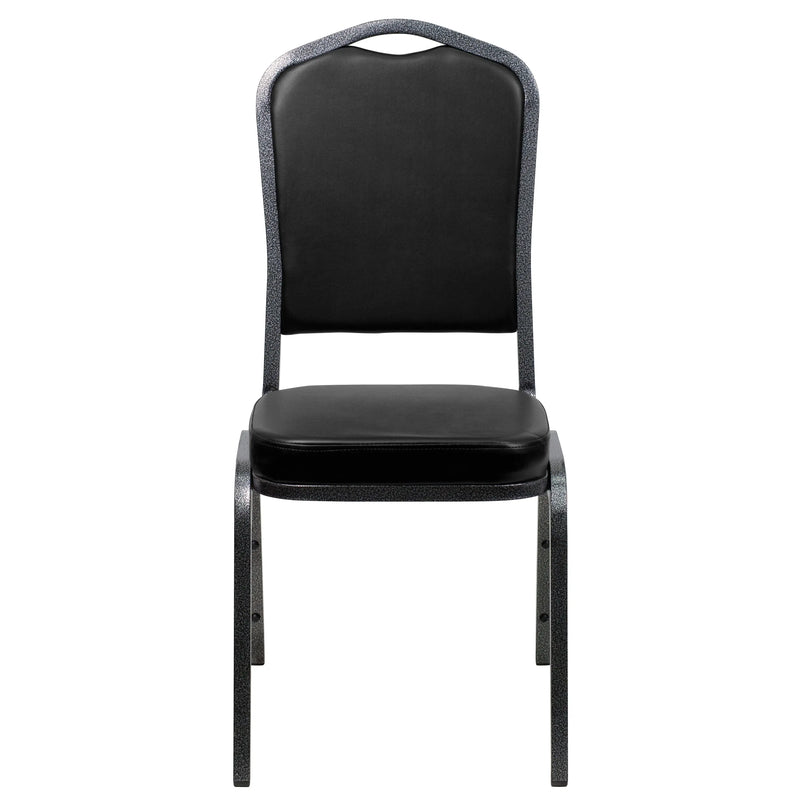 Murie Crown Back Stacking Banquet Chair, Black Vinyl - Silver Vein Frame iHome Studio