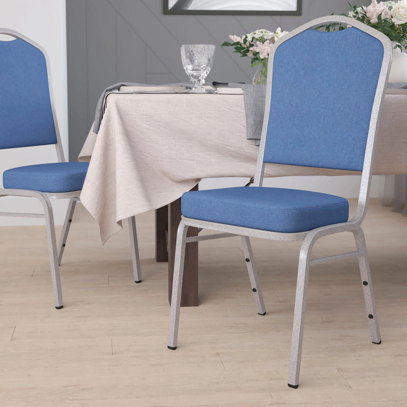 Murie Crown Back Stacking Banquet Chair, Blue Fabric - Silver Frame iHome Studio