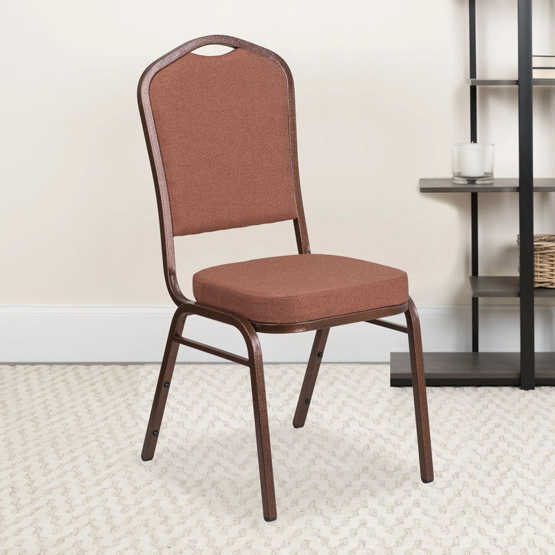 Murie Crown Back Stacking Banquet Chair, Brown Fabric - Copper Vein Frame iHome Studio