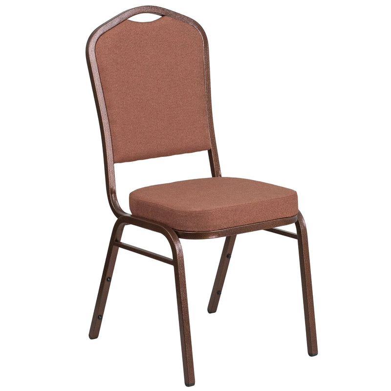 Murie Crown Back Stacking Banquet Chair, Brown Fabric - Copper Vein Frame iHome Studio