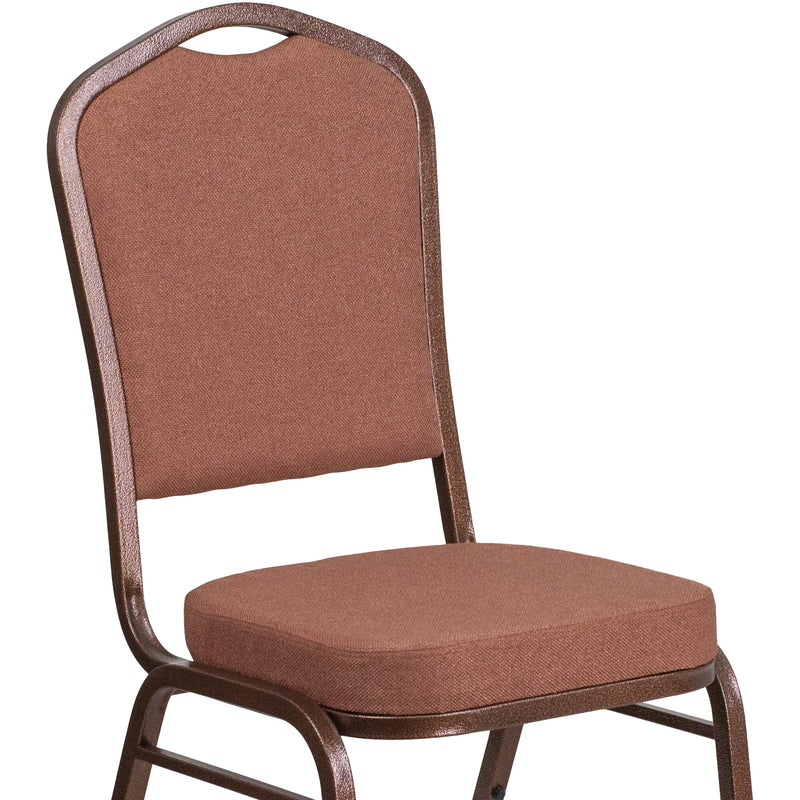 Murie Crown Back Stacking Banquet Chair, Brown Fabric - Copper Vein Frame iHome Studio