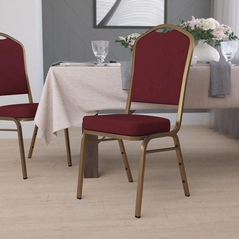 Murie Crown Back Stacking Banquet Chair, Burgundy Fabric - Gold Frame iHome Studio