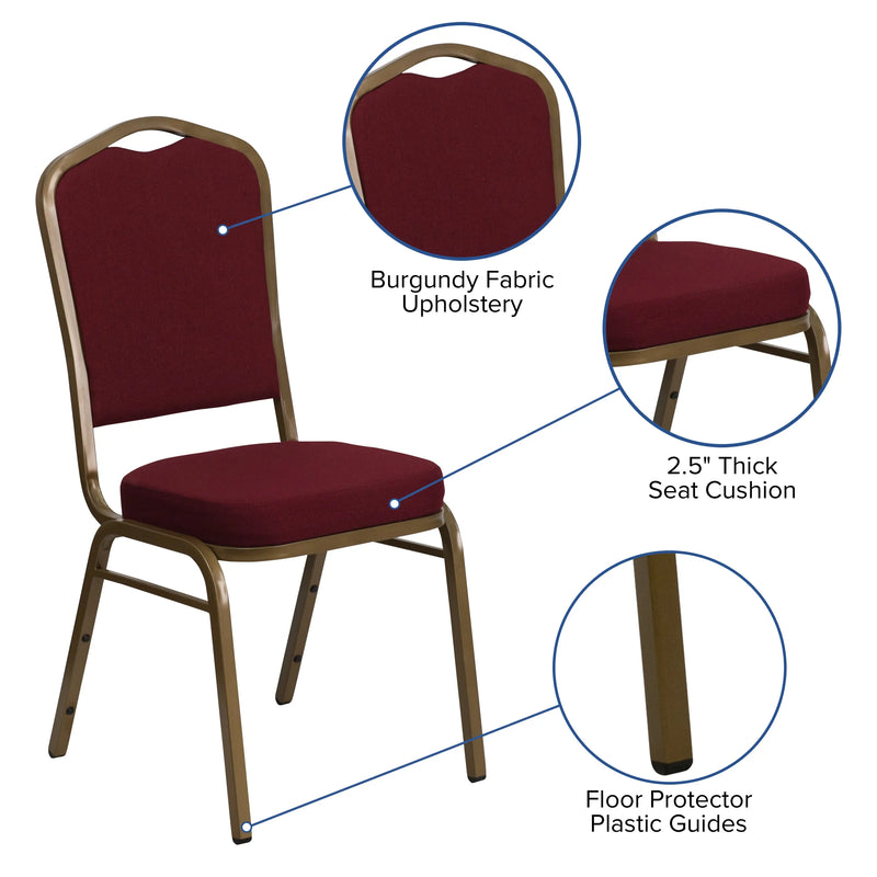 Murie Crown Back Stacking Banquet Chair, Burgundy Fabric - Gold Frame iHome Studio