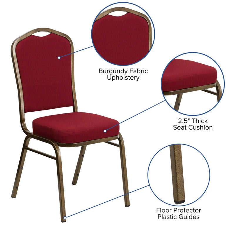 Murie Crown Back Stacking Banquet Chair, Burgundy Fabric - Gold Vein Frame iHome Studio