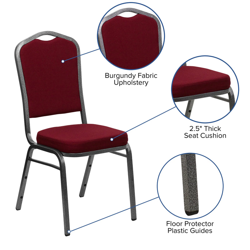 Murie Crown Back Stacking Banquet Chair, Burgundy Fabric - Silver Vein Frame iHome Studio