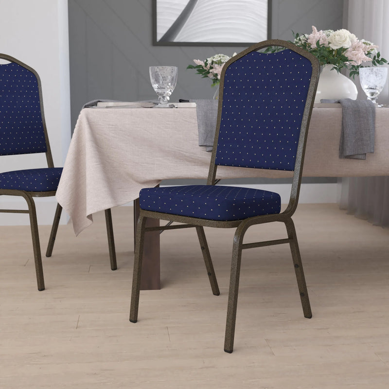 Murie Crown Back Stacking Banquet Chair, Navy Blue Dot Patterned Fabric - Gold Vein Frame iHome Studio