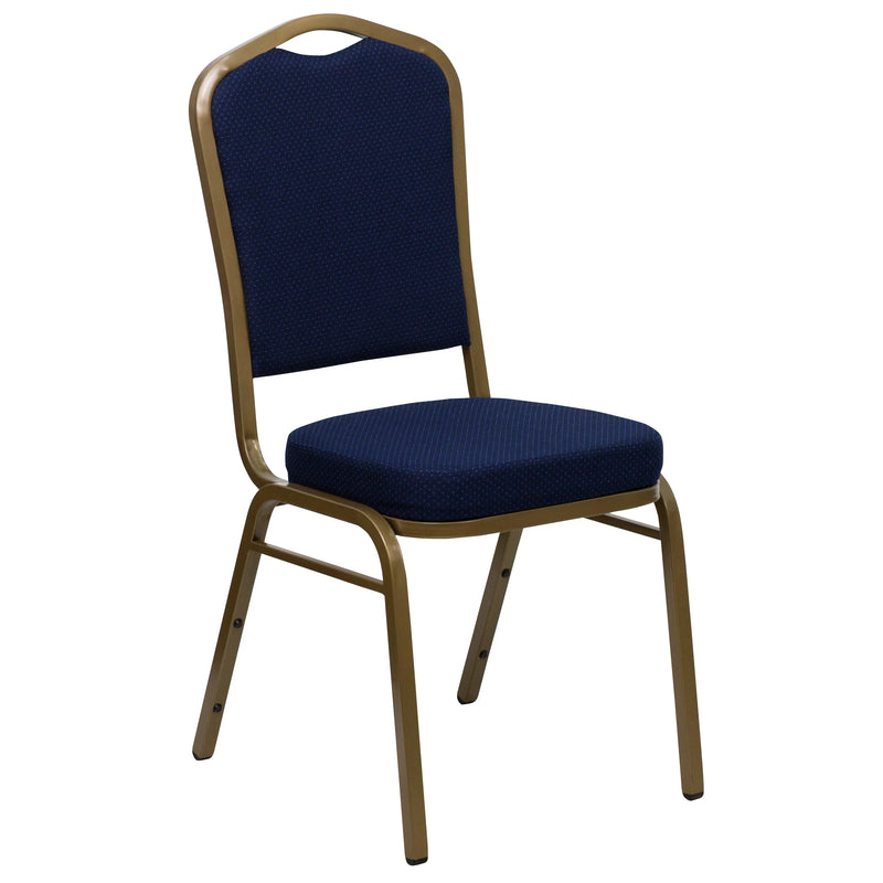 Murie Crown Back Stacking Banquet Chair, Navy Blue Patterned Fabric - Gold Frame iHome Studio