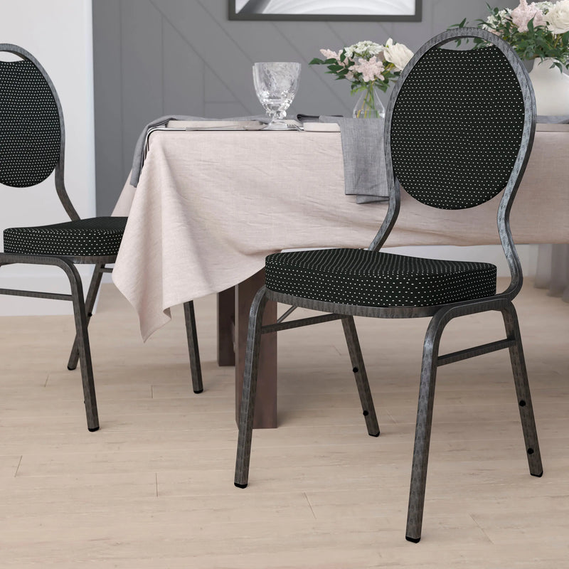 Murie Teardrop Back Stacking Banquet Chair, Black Patterned Fabric - Silver Vein Frame iHome Studio