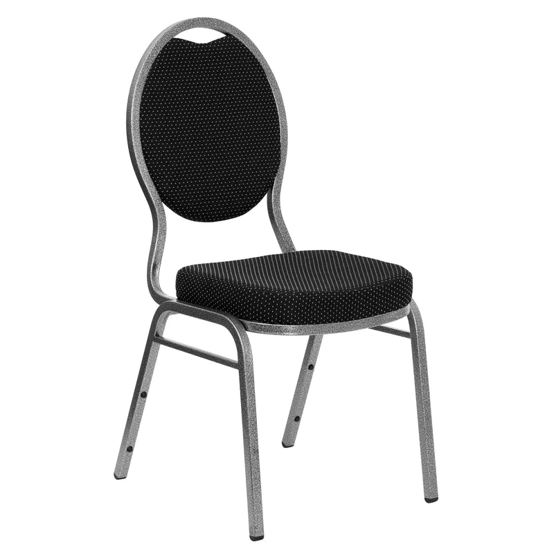 Murie Teardrop Back Stacking Banquet Chair, Black Patterned Fabric - Silver Vein Frame iHome Studio