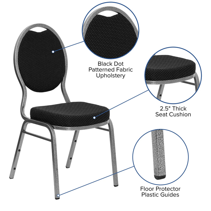 Murie Teardrop Back Stacking Banquet Chair, Black Patterned Fabric - Silver Vein Frame iHome Studio