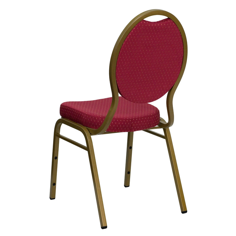 Murie Teardrop Back Stacking Banquet Chair, Burgundy Patterned Fabric - Gold Frame iHome Studio