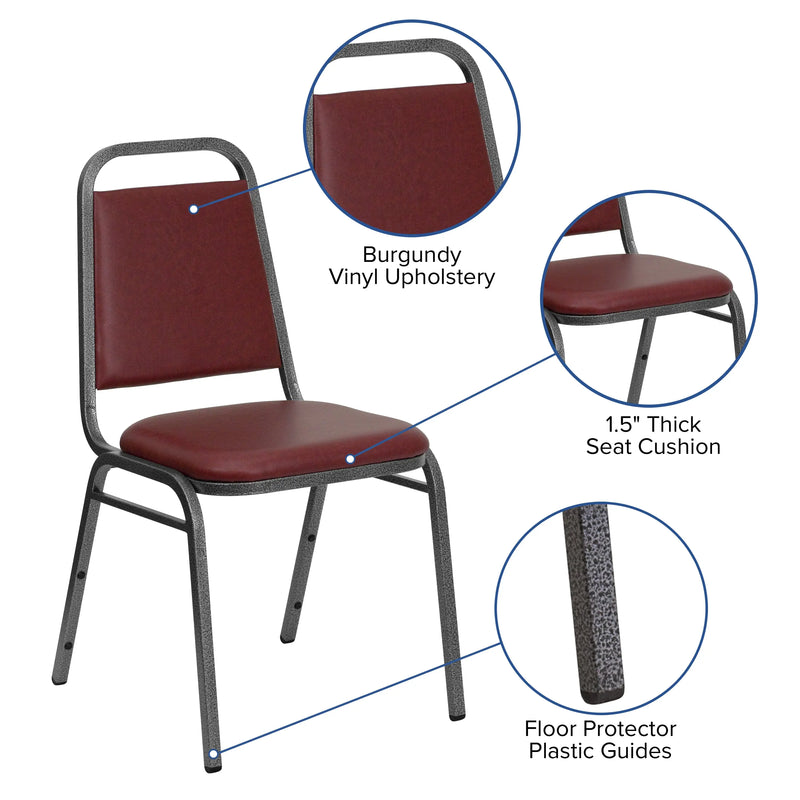 Murie Trapezoidal Back Stacking Banquet Chair, Burgundy Vinyl - Silver Vein Frame iHome Studio