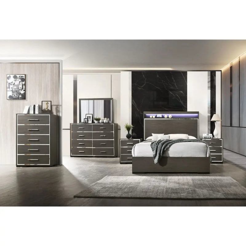 Mylah Queen Bed w/LED headboard, Gray Oak iHome Studio