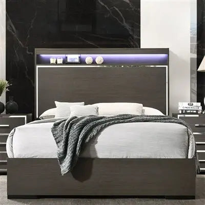 Mylah Queen Bed w/LED headboard, Gray Oak iHome Studio