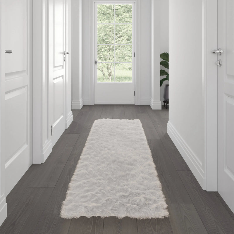 Naomi Collection 2' x 7' White Faux Fur Area Rug with Polyester Backing iHome Studio