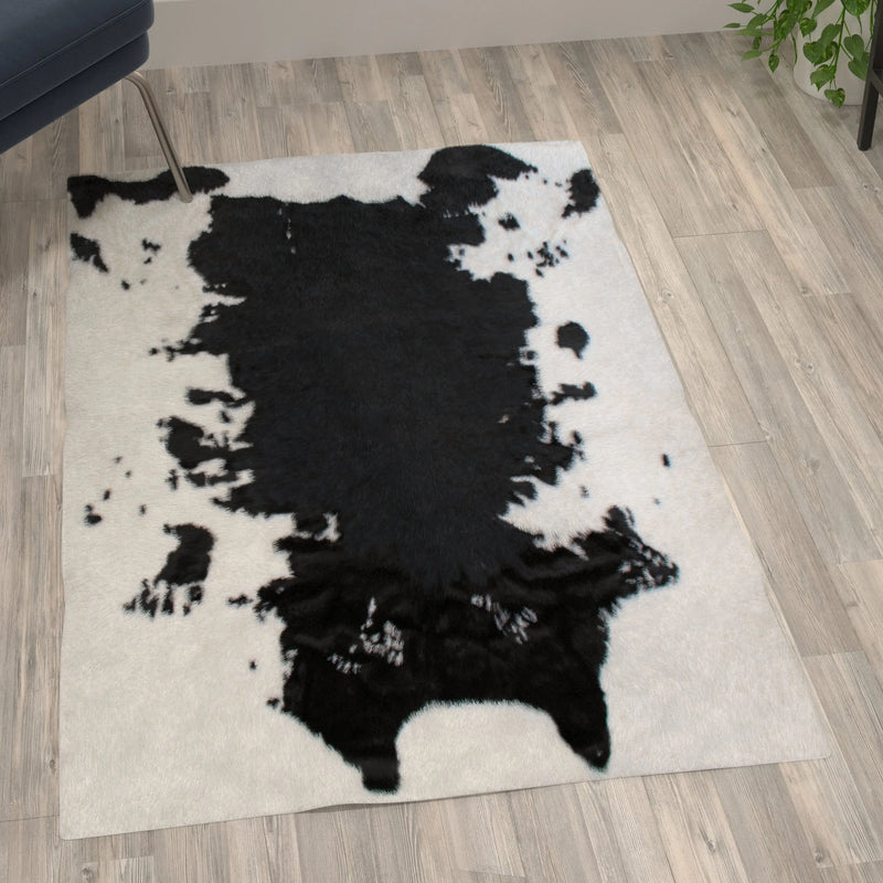 Naomi Collection 3' x 5' Black Faux Cowhide Print Area Rug with Polyester Backing iHome Studio