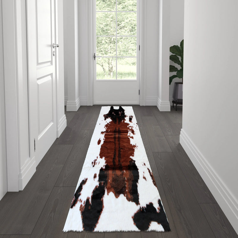 Naomi Collection 3' x 9' Black Faux Cowhide Print Area Rug with Polyester Backing iHome Studio