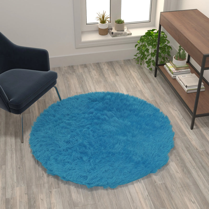 Naomi Collection 4' x 4' Round Turquoise Faux Fur Area Rug with Polyester Backing iHome Studio