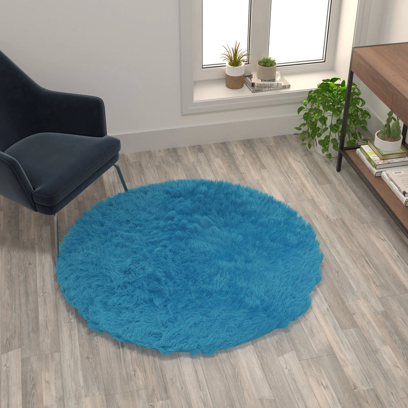 Naomi Collection 5' x 5' Round Turquoise Faux Fur Area Rug with Polyester Backing iHome Studio