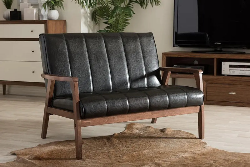Nikko Black Faux Leather Wooden 2-Seater Loveseat iHome Studio