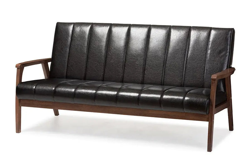 Nikko Black Faux Leather Wooden 3-Seater Sofa iHome Studio