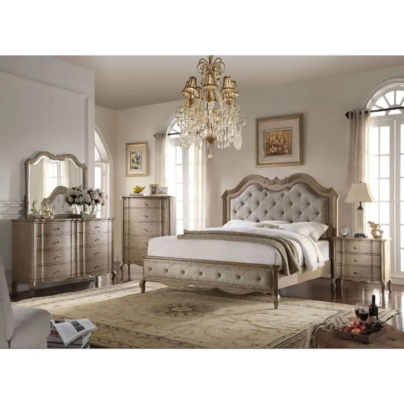 Nina California King Bed, Beige Fabric & Antique Taupe iHome Studio