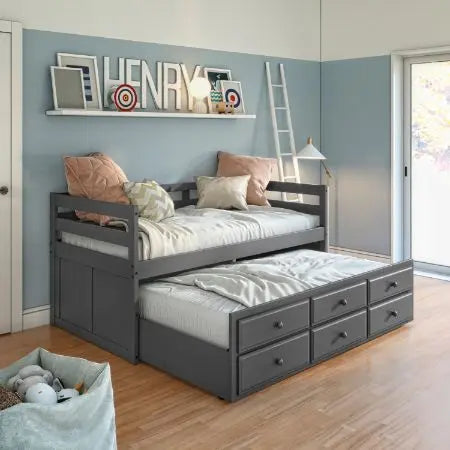 Nylah Twin Captain Bed w/Trundle and Storage, Gray Finish iHome Studio