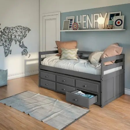 Nylah Twin Captain Bed w/Trundle and Storage, Gray Finish iHome Studio