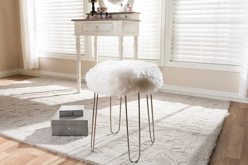 Oliver Modern White Genuine Sheep Skin Ottoman iHome Studio