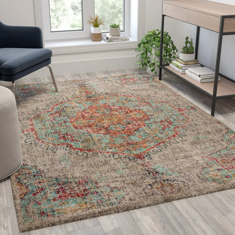 Olivia Collection Distressed Medallion Area Rug - 5' x 7' - Gray Multi Polyester iHome Studio