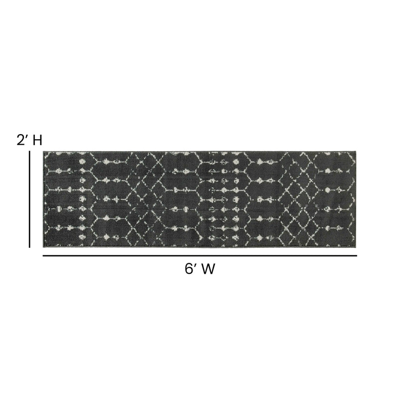Olivia Collection Geometric Bohemian Low Pile Rug - 2' x 6' - Dark Gray/Ivory Polyester iHome Studio