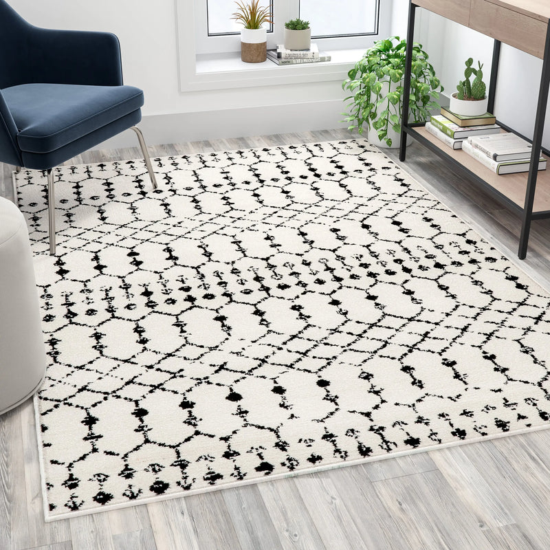 Olivia Collection Geometric Bohemian Low Pile Rug - 5' x 7' - Ivory/Black iHome Studio