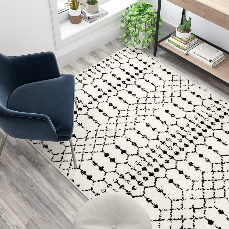 Olivia Collection Geometric Bohemian Low Pile Rug - 5' x 7' - Ivory/Black iHome Studio