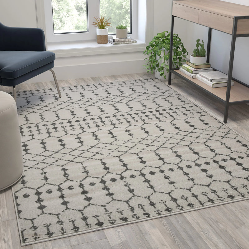 Olivia Collection Geometric Bohemian Low Pile Rug - 5' x 7' -Ivory/Gray Polyester iHome Studio